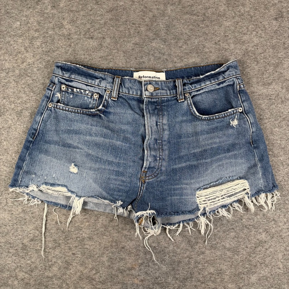 Reformation Dixie High Rise Distressed Cut Off Shorts 2" Blue Womens 30
